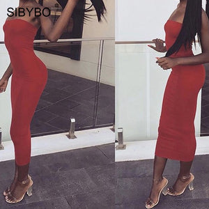 Sibybo Off Shoulder Strapless Sexy Women Dress Sleeveless Straight Long Bodycon Dress Backless Casual Autumn Party Dress Women