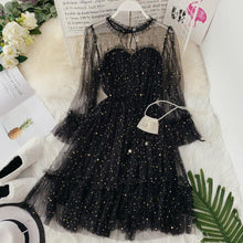 Load image into Gallery viewer, HISUMA spring autumn new women Star sequins gauze flare sleeve lace-up Princess dress female elegant o-neck mesh puff dresses