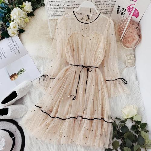 HISUMA spring autumn new women Star sequins gauze flare sleeve lace-up Princess dress female elegant o-neck mesh puff dresses