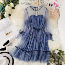 Load image into Gallery viewer, HISUMA spring autumn new women Star sequins gauze flare sleeve lace-up Princess dress female elegant o-neck mesh puff dresses