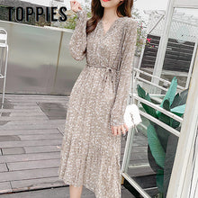 Load image into Gallery viewer, Fall 2019 Long Sleeve Midi Dress Women Floral Printing Pleated Hem Chiffon Dress Fashion Women Clothing