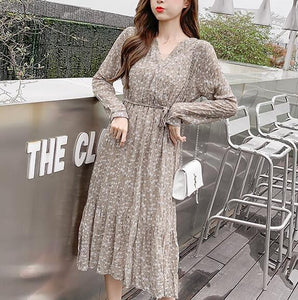 Fall 2019 Long Sleeve Midi Dress Women Floral Printing Pleated Hem Chiffon Dress Fashion Women Clothing