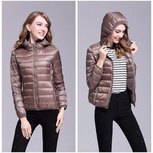 Load image into Gallery viewer, 2019 winter ultra light snow waterproof warm jacket for women sexy slim hooded stand collar women short jacket plus bis 5xl