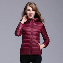 Load image into Gallery viewer, 2019 winter ultra light snow waterproof warm jacket for women sexy slim hooded stand collar women short jacket plus bis 5xl