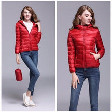 Load image into Gallery viewer, 2019 winter ultra light snow waterproof warm jacket for women sexy slim hooded stand collar women short jacket plus bis 5xl