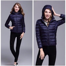 Load image into Gallery viewer, 2019 winter ultra light snow waterproof warm jacket for women sexy slim hooded stand collar women short jacket plus bis 5xl