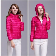 Load image into Gallery viewer, 2019 winter ultra light snow waterproof warm jacket for women sexy slim hooded stand collar women short jacket plus bis 5xl