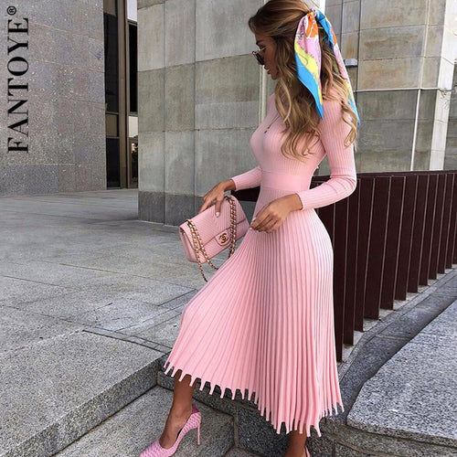 FANTOYE Women Autumn New Knitted Long Dress Ribbed Elegant Midi Bodycon Sweater Dress Official Ladies Bandage Pleated Dresses