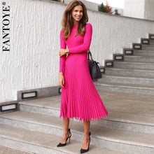 Load image into Gallery viewer, FANTOYE Women Autumn New Knitted Long Dress Ribbed Elegant Midi Bodycon Sweater Dress Official Ladies Bandage Pleated Dresses