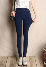 Load image into Gallery viewer, Lady Elastic band Jeans Spring New fashion Tight waist Skinny slim Pencil Pants blue black cotton Denim patchwork Big Pockets