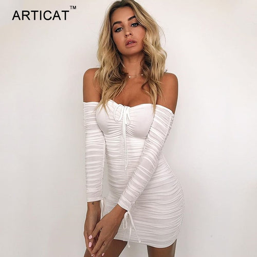 Articat Women Autumn Winter Bandage Dress Women 2019 Sexy Off Shoulder Long Sleeve Slim Elastic Bodycon Party Dresses Vestidos