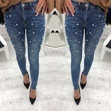 Load image into Gallery viewer, Jeans For Women High Waist Pearled Slim Denim Pants Stretch Beading Jeans Washed Denim Skinny Pencil Pants Female