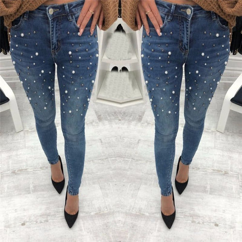 Jeans For Women High Waist Pearled Slim Denim Pants Stretch Beading Jeans Washed Denim Skinny Pencil Pants Female