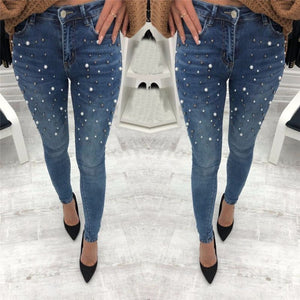 Jeans For Women High Waist Pearled Slim Denim Pants Stretch Beading Jeans Washed Denim Skinny Pencil Pants Female