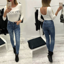 Load image into Gallery viewer, Jeans For Women High Waist Pearled Slim Denim Pants Stretch Beading Jeans Washed Denim Skinny Pencil Pants Female