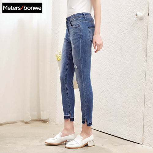 Metersbonwe Slim Jeans For Women Jeans Hole Design Woman Blue Denim Pencil Pants Casual High Quality Stretch Waist Women Jeans