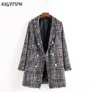 Fresh style Spring/Autumn female casual jacket coat hand-tassel loose coat checkered Tweed coat jacket lapel thick jacket