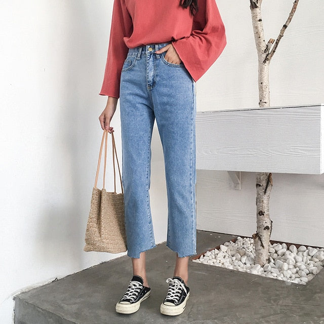 Jeans Women 2019 New Korean Style Loose High Waist Button Solid Trendy Woman Jean Denim Pockets Trendy Students Female Trousers