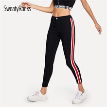 Load image into Gallery viewer, SweatyRocks Stripe Tape Side Jeans Streetwear Black High Waist Stretchy Denim Pants 2019 Spring Straight Leg Women Skinny Jeans