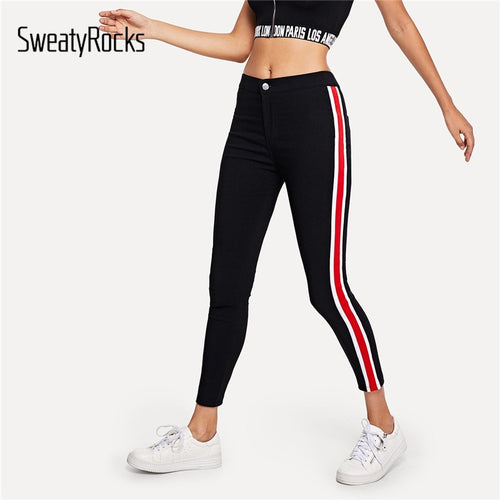 SweatyRocks Stripe Tape Side Jeans Streetwear Black High Waist Stretchy Denim Pants 2019 Spring Straight Leg Women Skinny Jeans