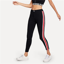 Load image into Gallery viewer, SweatyRocks Stripe Tape Side Jeans Streetwear Black High Waist Stretchy Denim Pants 2019 Spring Straight Leg Women Skinny Jeans